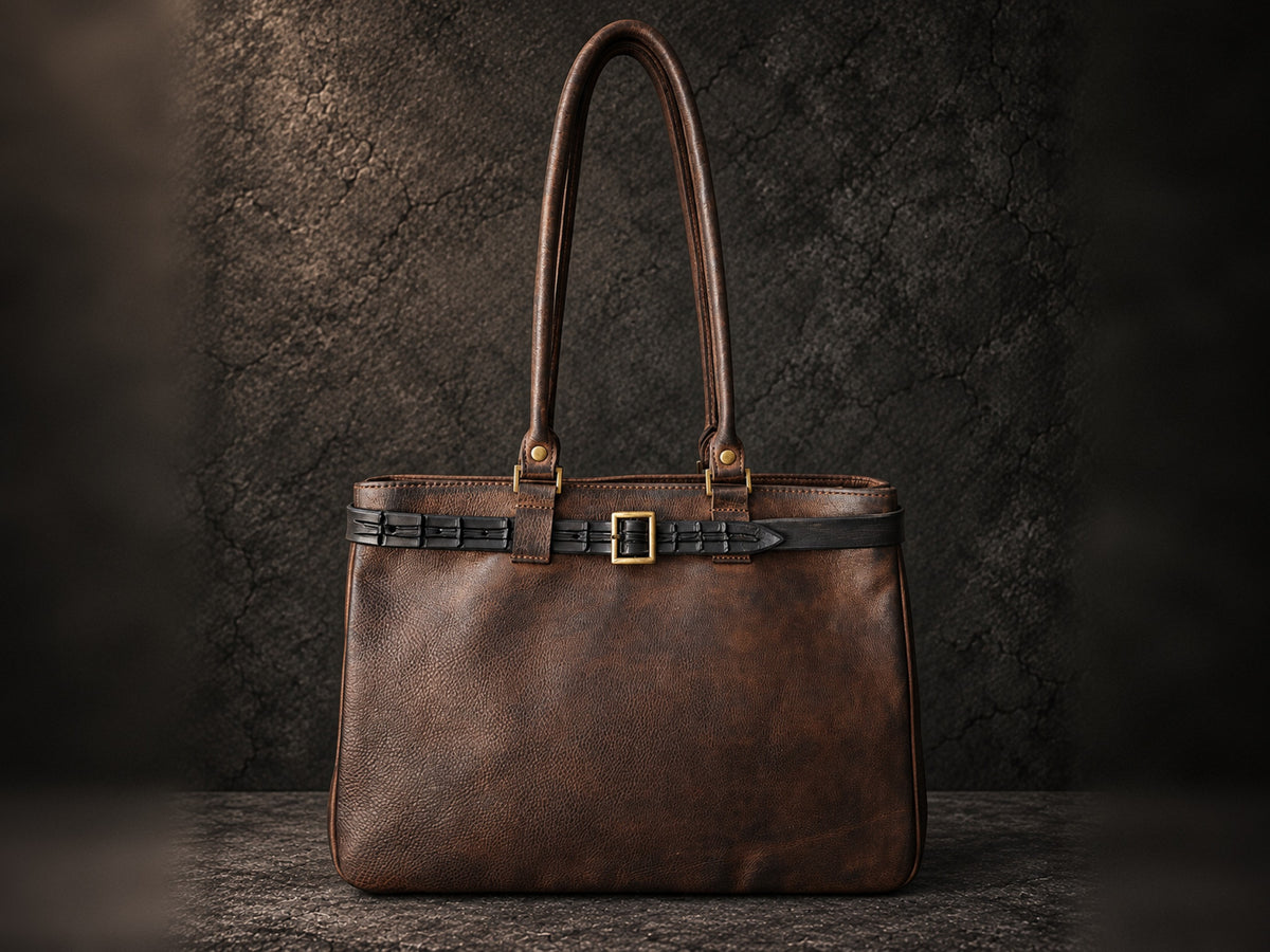 Hand-dyed dark brown leather tote bag with black crocodile-embossed belt and rectangular bronze buckle – handmade ISHAOR