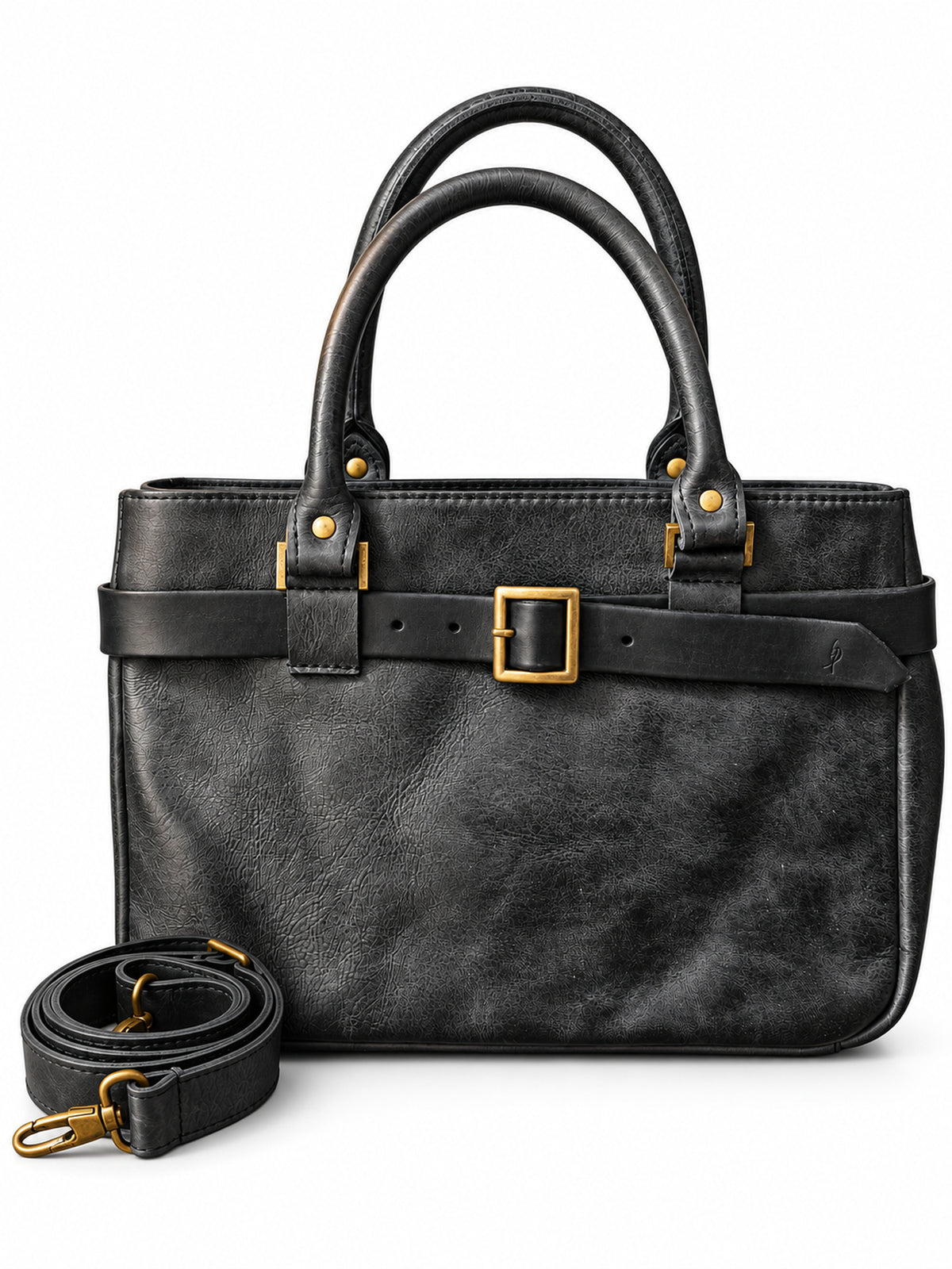 Small black hand-dyed leather handbag with removable belt, brass buckle and detachable shoulder strap on white background – ISHAOR