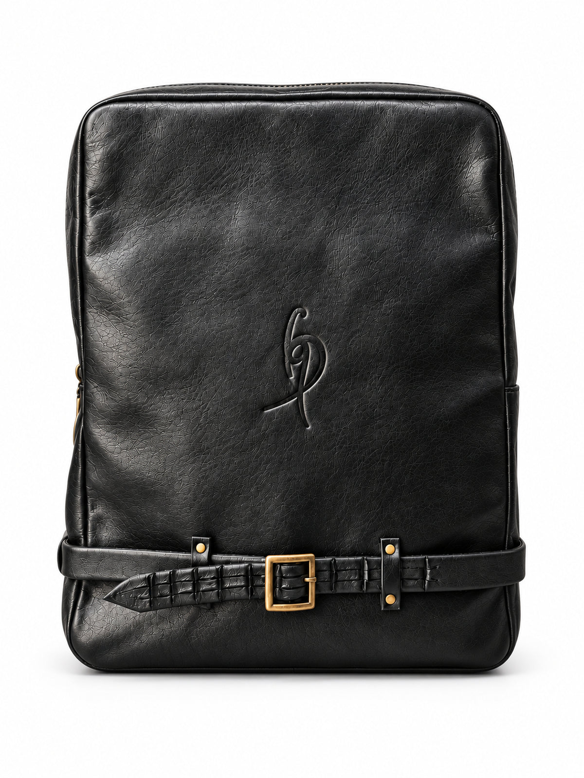 Black genuine leather laptop backpack with crocodile-embossed strap and brass buckle, front view on white background – ISHAOR