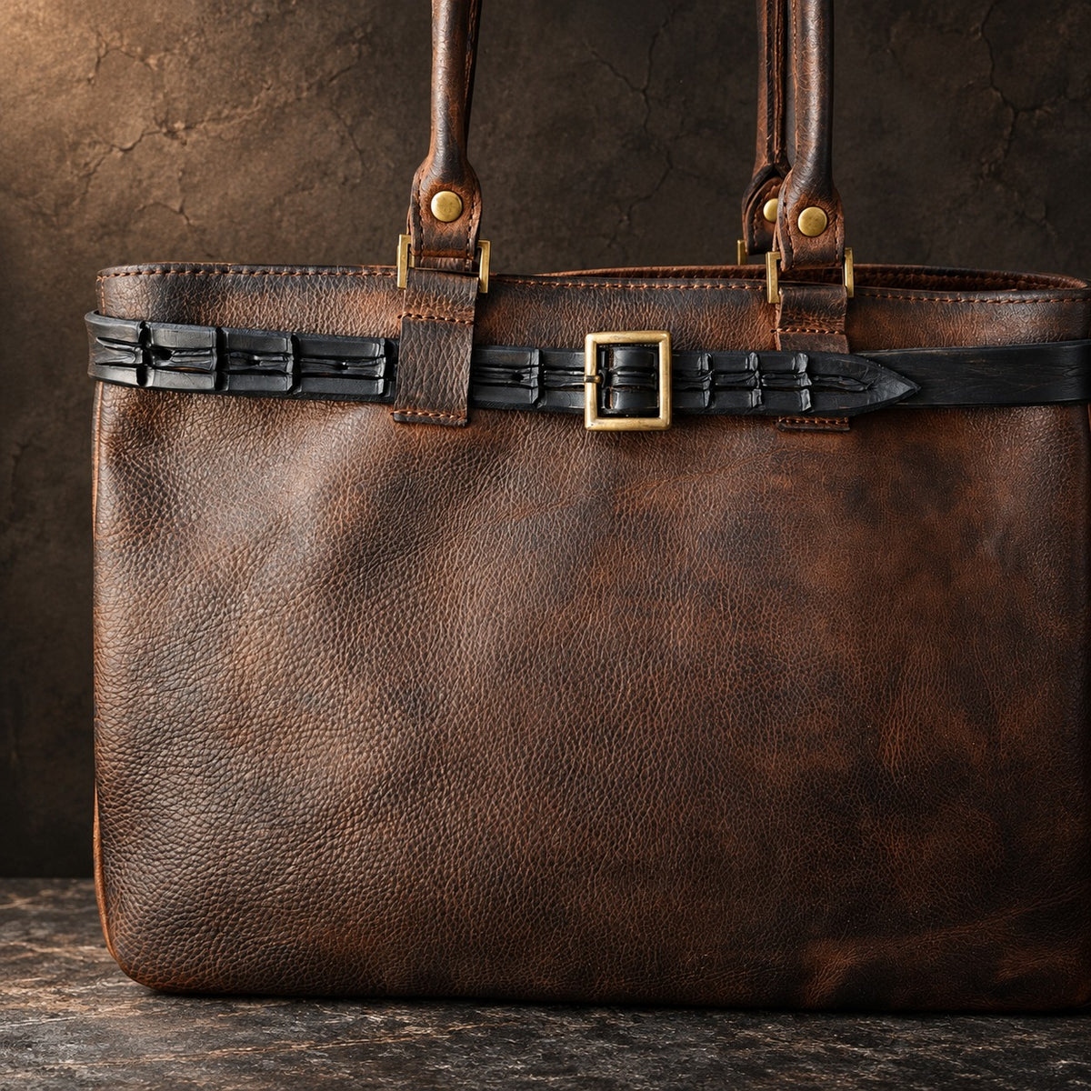Close-up of rectangular bronze buckle and crocodile-embossed black leather belt on dark brown leather tote