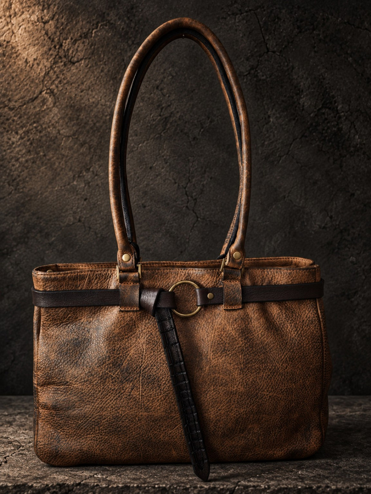 Hand-dyed brown leather tote bag front view with tall handles and removable crocodile-embossed belt