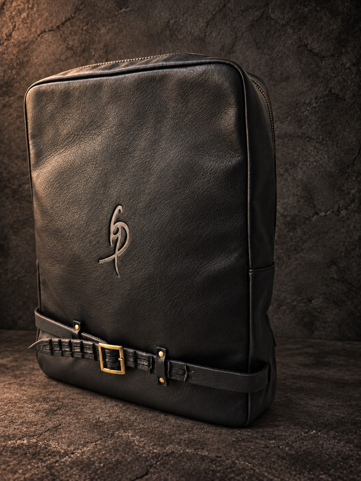 Black leather laptop backpack angled front view, handmade genuine leather work bag