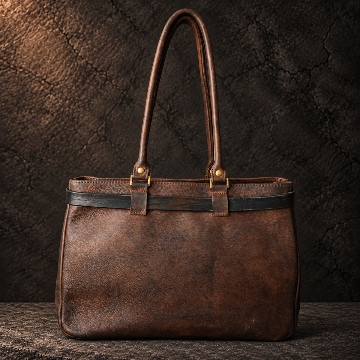 Back view of dark brown hand-dyed leather tote bag with shoulder handles – ISHAOR