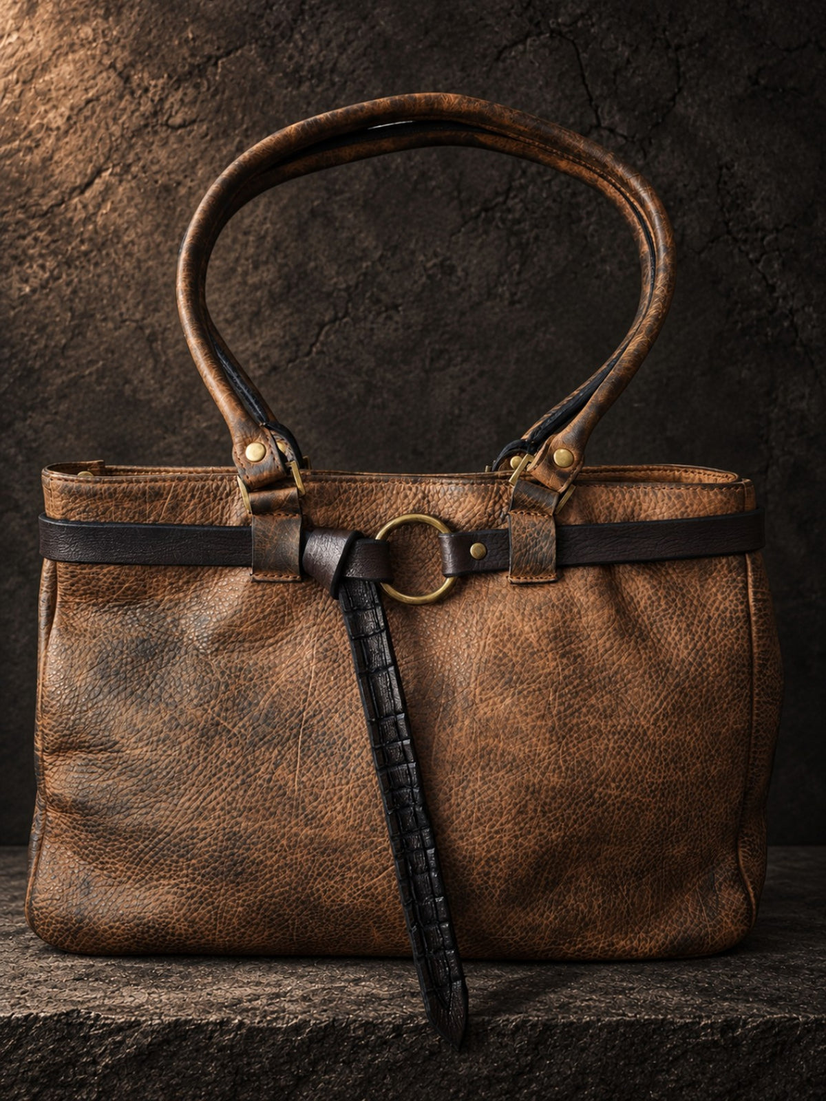 Brown leather tote bag with relaxed handles, black leather belt through brass ring