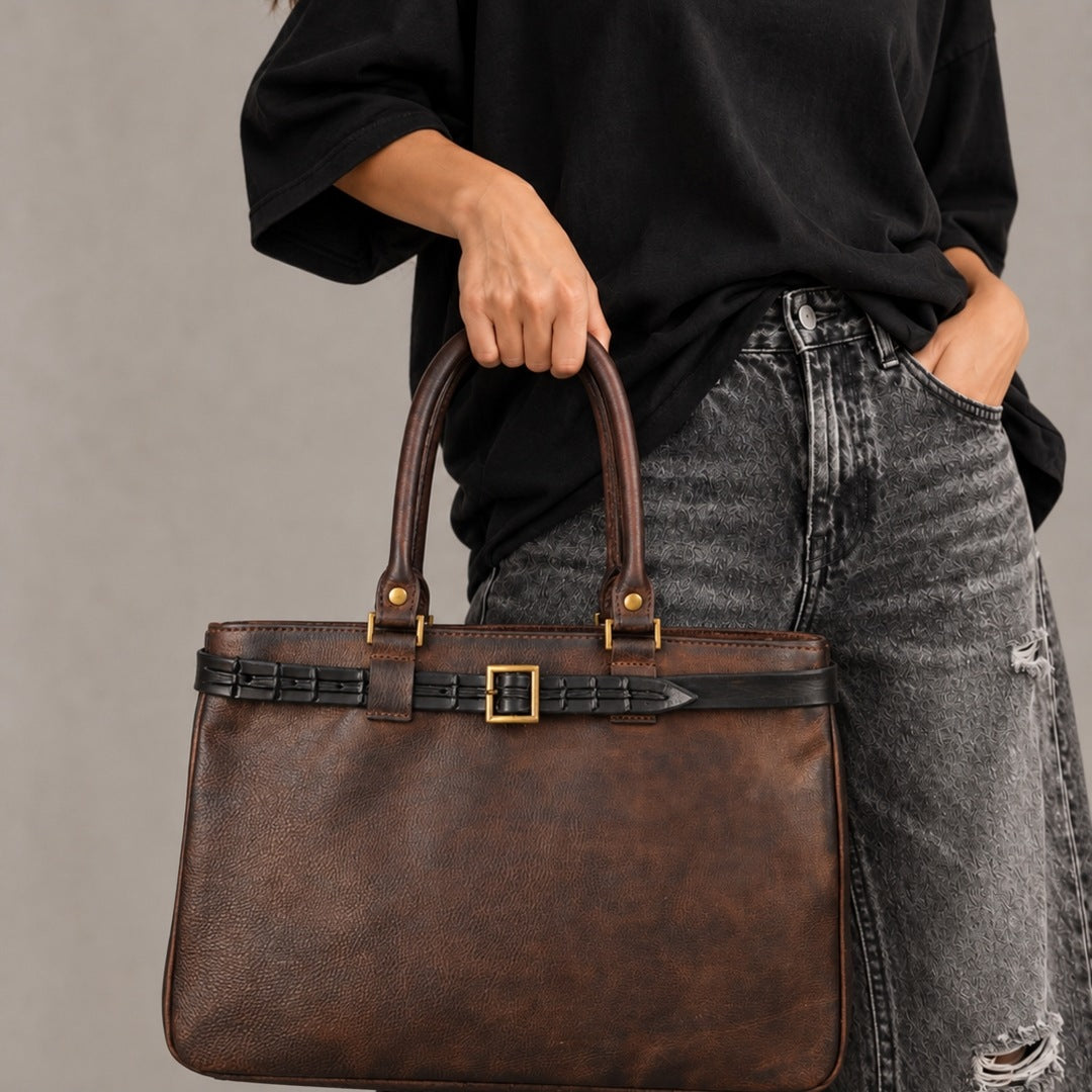 Woman carrying dark brown hand-dyed leather tote bag with black belt and bronze buckle