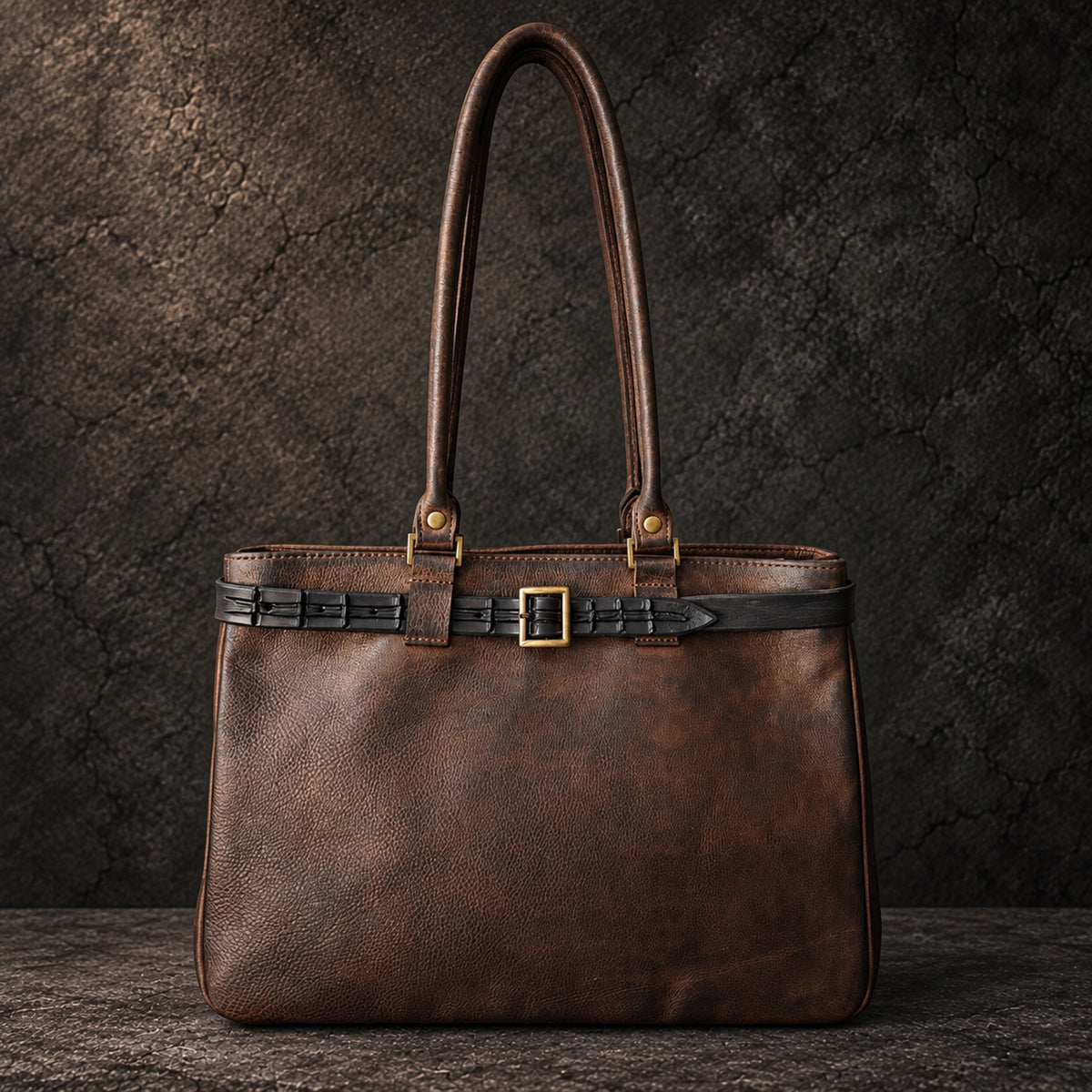Front view of handmade dark brown leather women's tote with removable crocodile-embossed belt