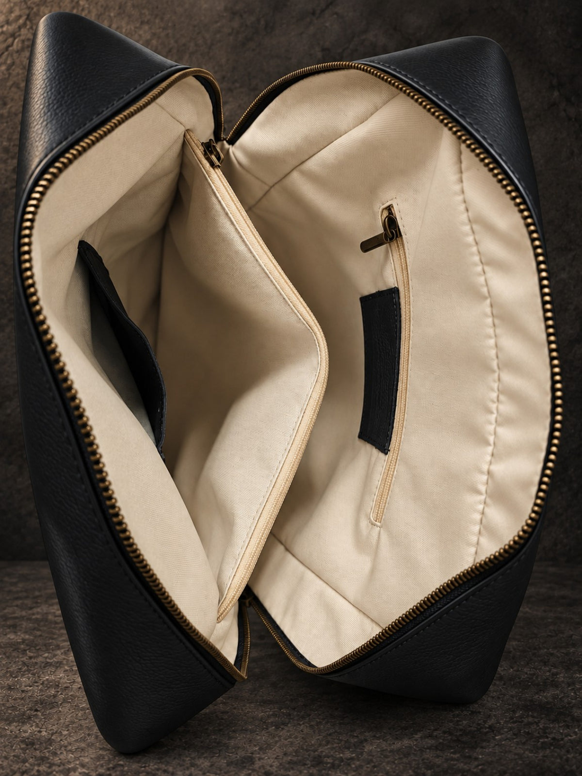 Interior of black leather laptop backpack with lined compartments, laptop sleeve and zip pocket