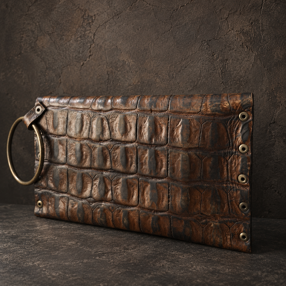 Crocodile-Embossed Leather Wristlet Clutch – Hand-Dyed, Brass Ring Bracelet Handle