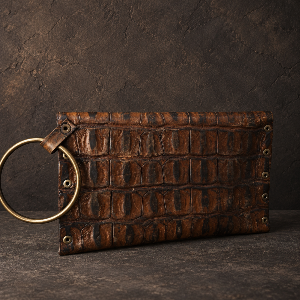 Crocodile-Embossed Leather Wristlet Clutch – Hand-Dyed, Brass Ring Bracelet Handle