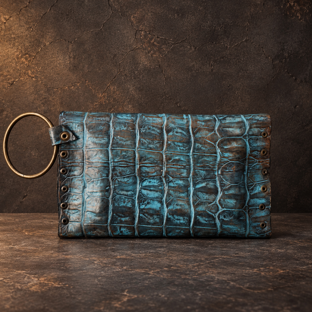Turquoise Crocodile-Embossed Leather Wristlet Clutch – Hand-Dyed with Brown Touch, Brass Ring Bracelet Handle