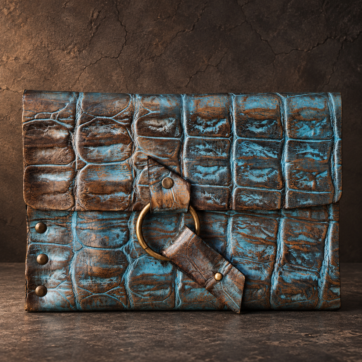 Turquoise Crocodile-Embossed Leather Wristlet Clutch – Hand-Dyed with Brown Touch, Brass Ring Bracelet Handle