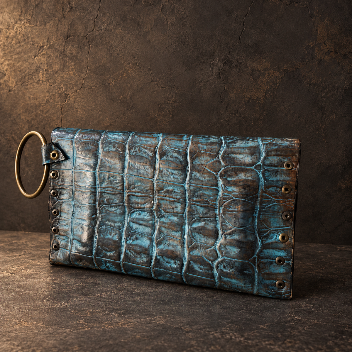 Turquoise Crocodile-Embossed Leather Wristlet Clutch – Hand-Dyed with Brown Touch, Brass Ring Bracelet Handle