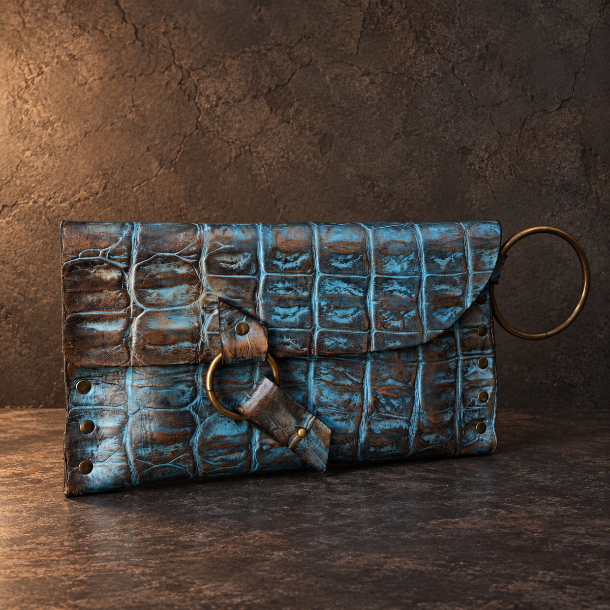 Turquoise Crocodile-Embossed Leather Wristlet Clutch – Hand-Dyed with Brown Touch, Brass Ring Bracelet Handle