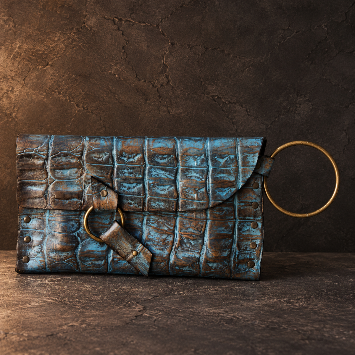 Turquoise Crocodile-Embossed Leather Wristlet Clutch – Hand-Dyed with Brown Touch, Brass Ring Bracelet Handle