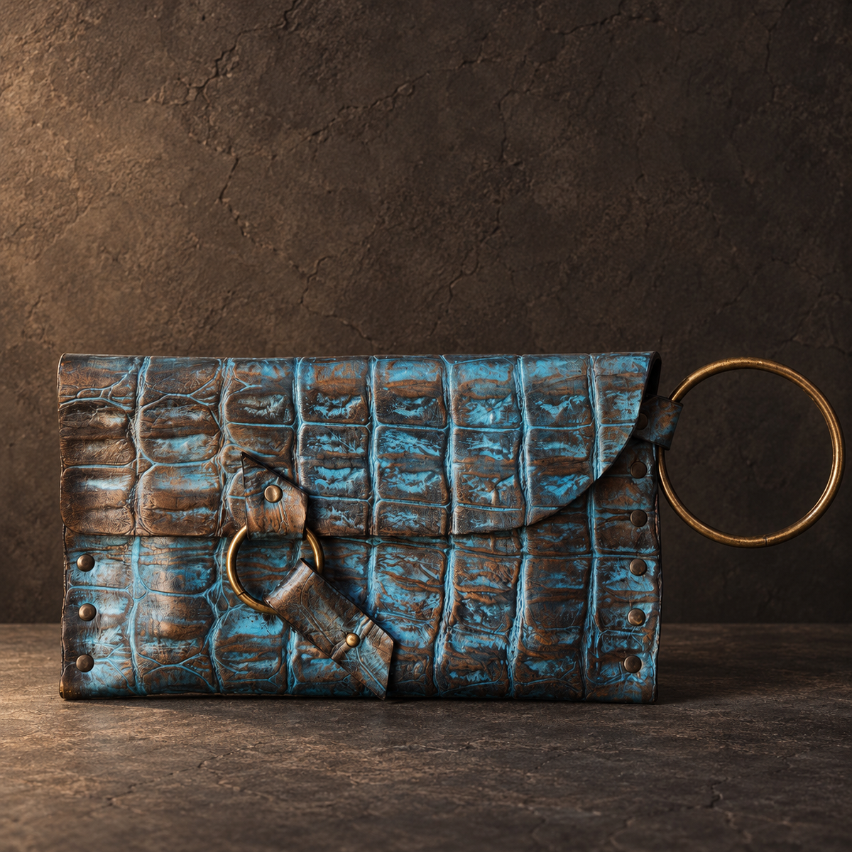 Turquoise Crocodile-Embossed Leather Wristlet Clutch – Hand-Dyed with Brown Touch, Brass Ring Bracelet Handle