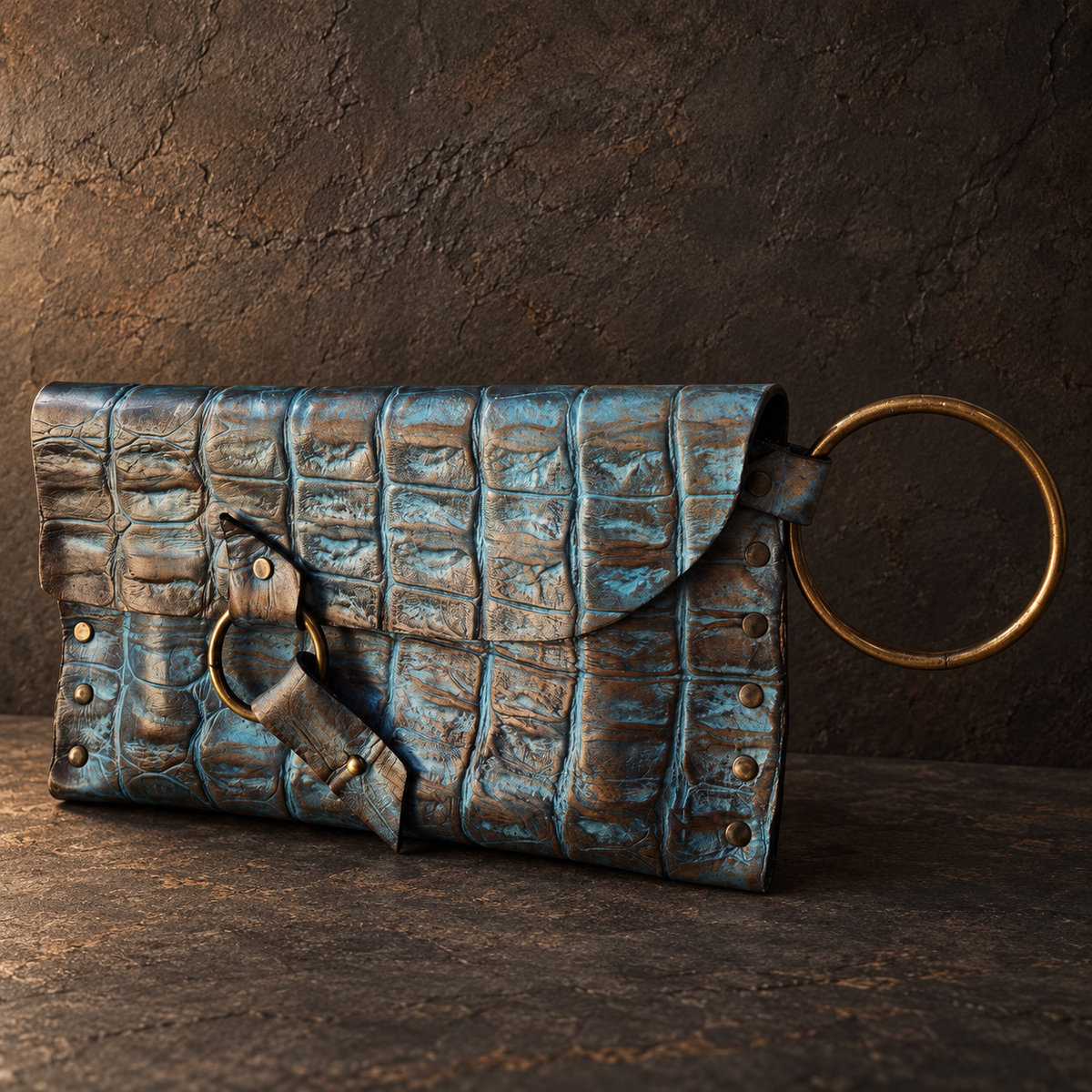 Turquoise Crocodile-Embossed Leather Wristlet Clutch – Hand-Dyed with Brown Touch, Brass Ring Bracelet Handle