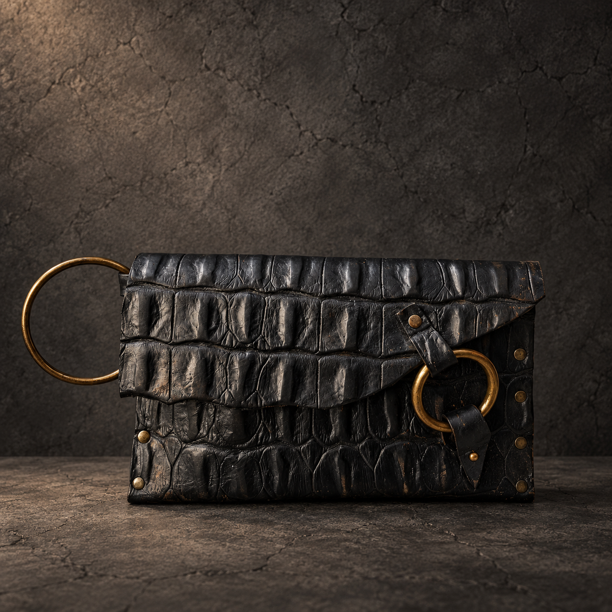 Black Crocodile-Embossed Leather Wristlet Clutch – Hand-Dyed, Brass Ring Bracelet Handle