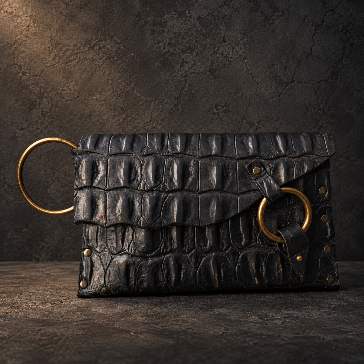 Black Crocodile-Embossed Leather Wristlet Clutch – Hand-Dyed, Brass Ring Bracelet Handle