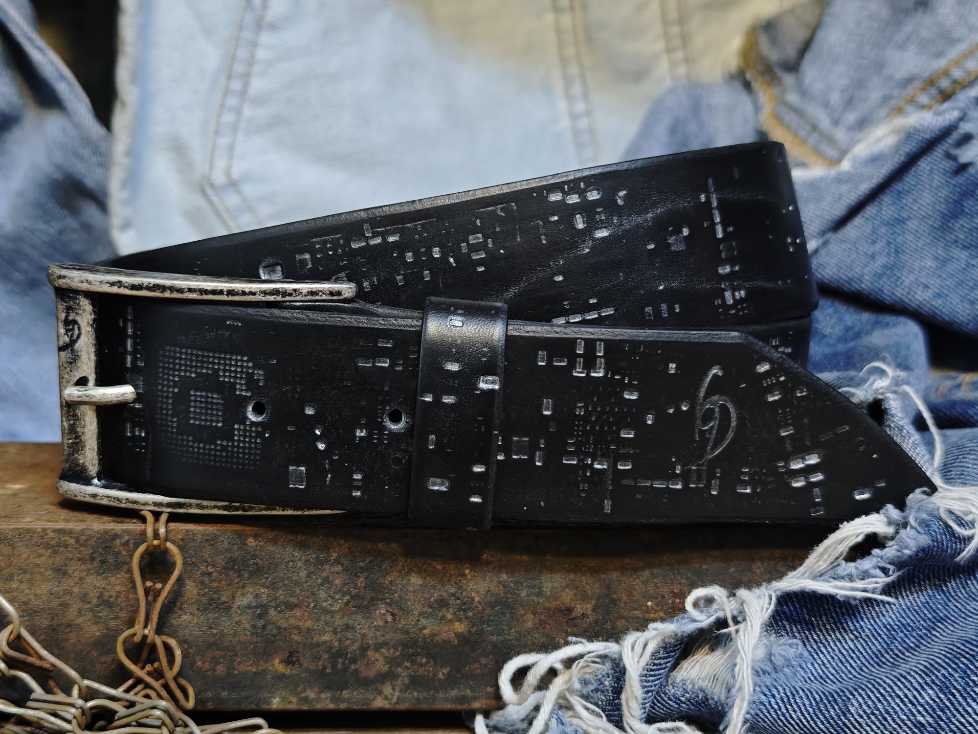 Black Leather Belt with silver E-Stamp and silver removable buckle by Ishaor