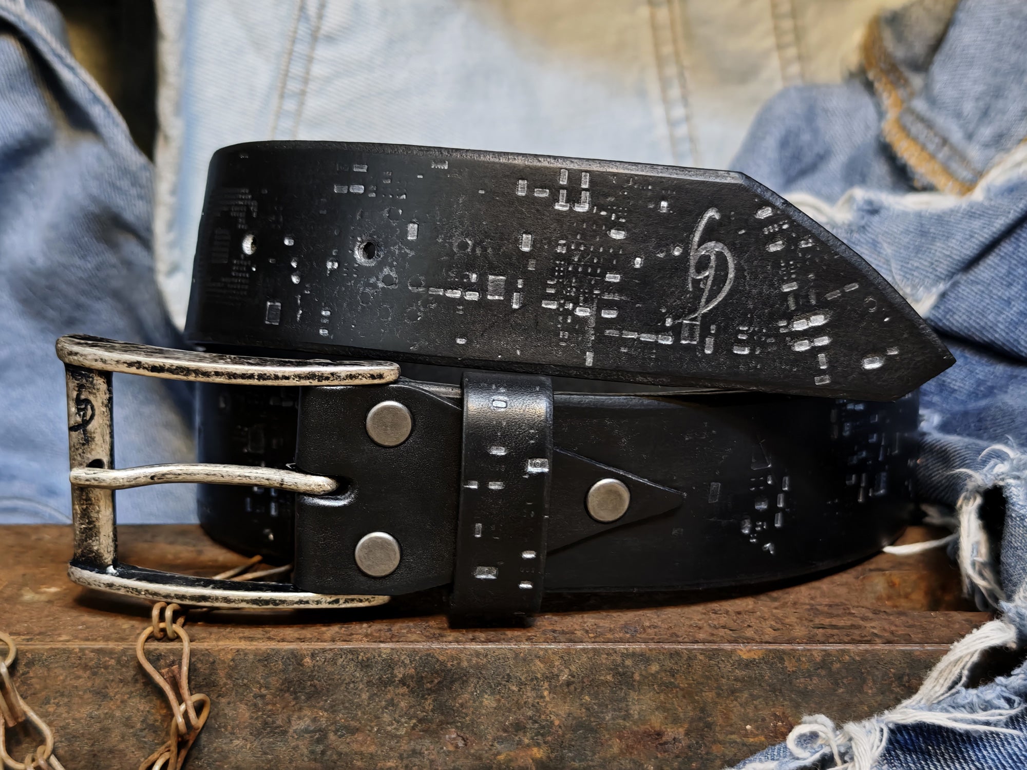 Black Leather Belt with silver E-Stamp and silver removable buckle by Ishaor