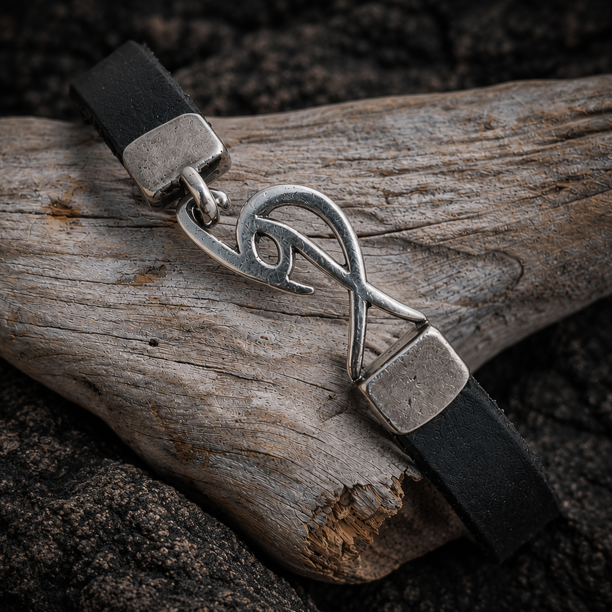 Mens Black Leather Wrap Bracelet with Pure Silver Ishaor Signature Logo Clasp