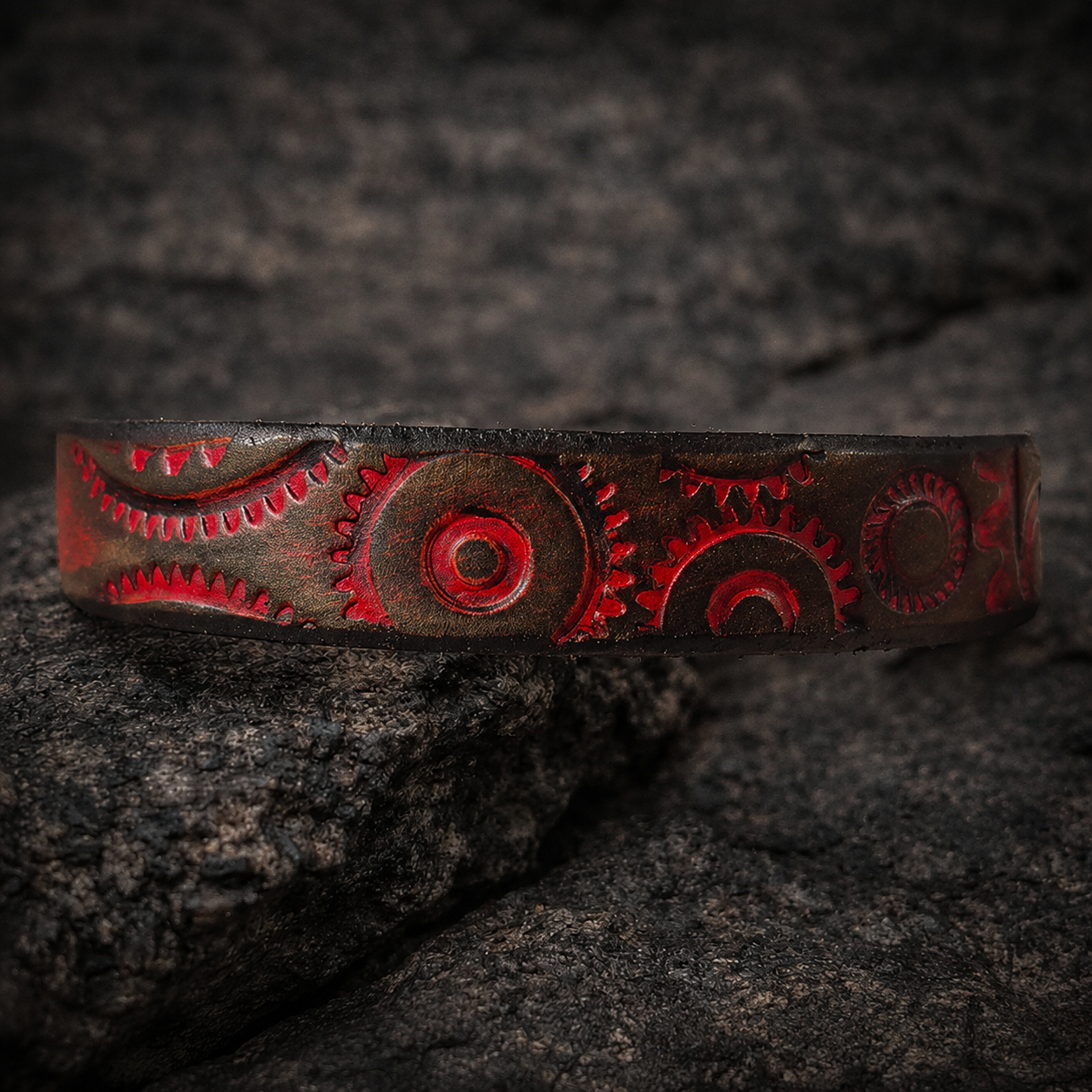 Handcrafted Steampunk Leather Bracelet - 1.5 cm Black & Red Motorcycle Gear Design by ISHAOR