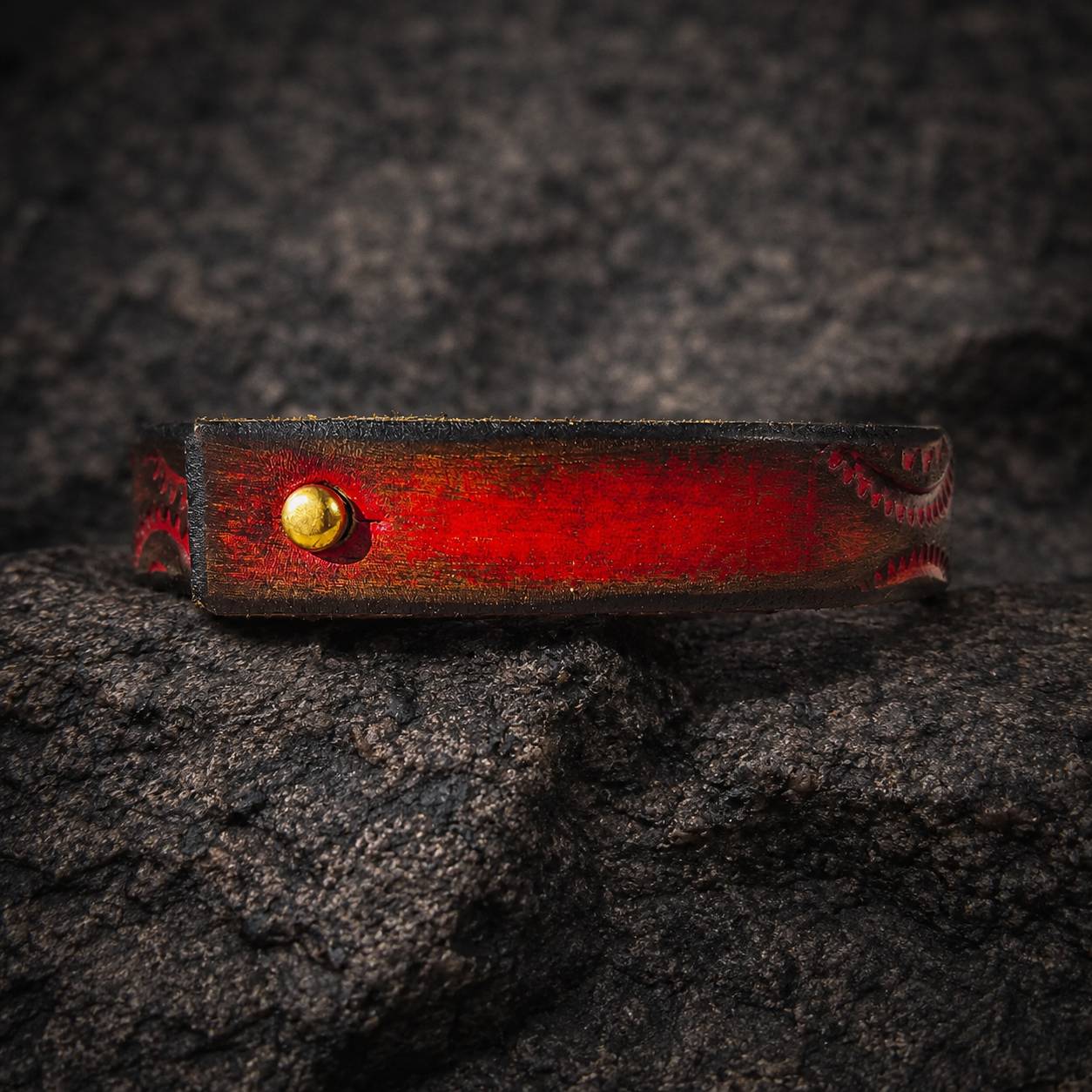 Handcrafted Steampunk Leather Bracelet - 1.5 cm Black & Red Motorcycle Gear Design by ISHAOR
