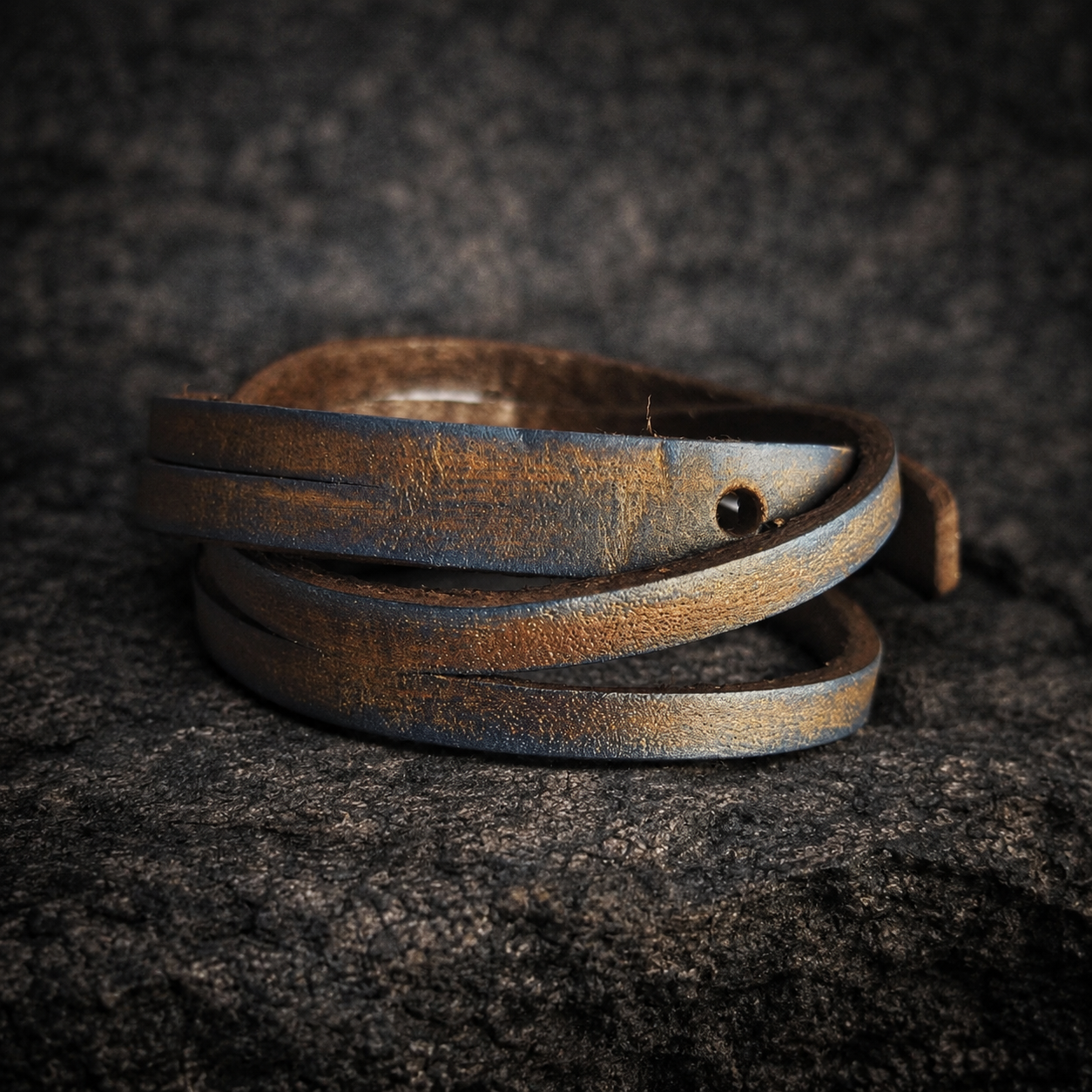 Double Loop Brown Leather Bracelet with Blue and Gold Wash - Unique and Versatile Design