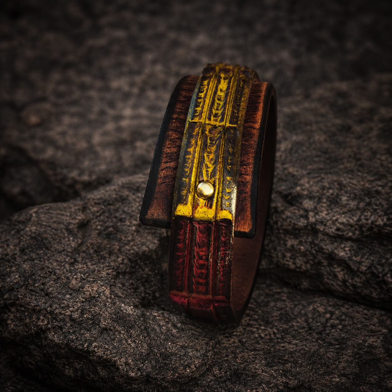 Brown Leather Mens Wrap Cuff Bracelet Rasta Color Crocodile Texture Ishaor
