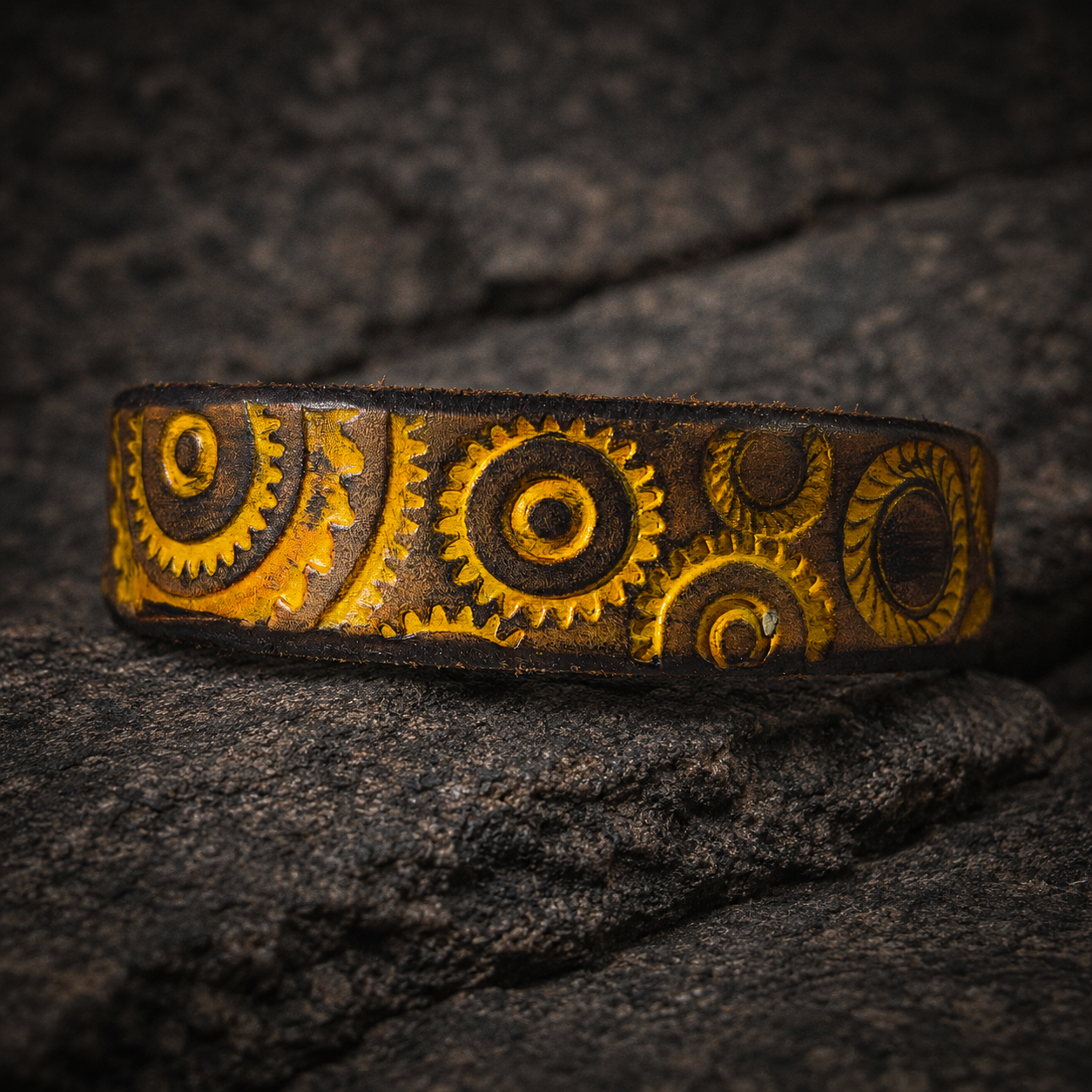 Handcrafted Steampunk Leather Bracelet - 1.5 cm Brown & Yellow Motorcycle Gear Design by ISHAOR