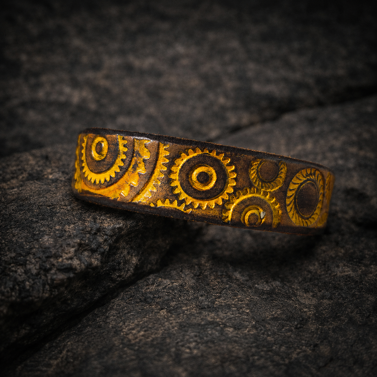 Handcrafted Steampunk Leather Bracelet - 1.5 cm Brown & Yellow Motorcycle Gear Design by ISHAOR