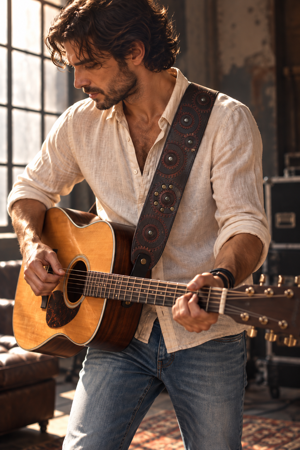 Ishaor Leather Guitar Strap - Brown with Triangle Logo - Personalized Gift for Musicians