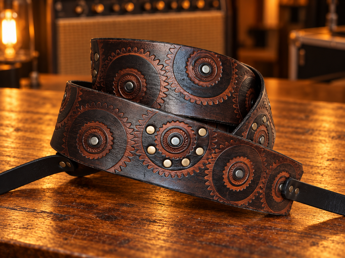 Ishaor Leather Guitar Strap - Brown with Triangle Logo - Personalized Gift for Musicians