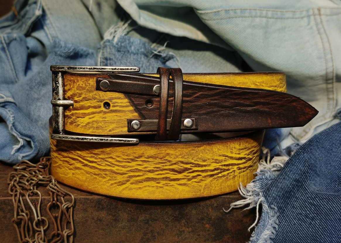 Mens Handcrafted Yellow with brown riveted Leather Belt