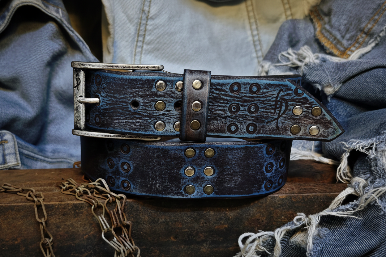 Handmade Brown Leather Belt with Blue Wash, Hi-Fi Stamped Design, Heavy-Duty Punk Rock Style
