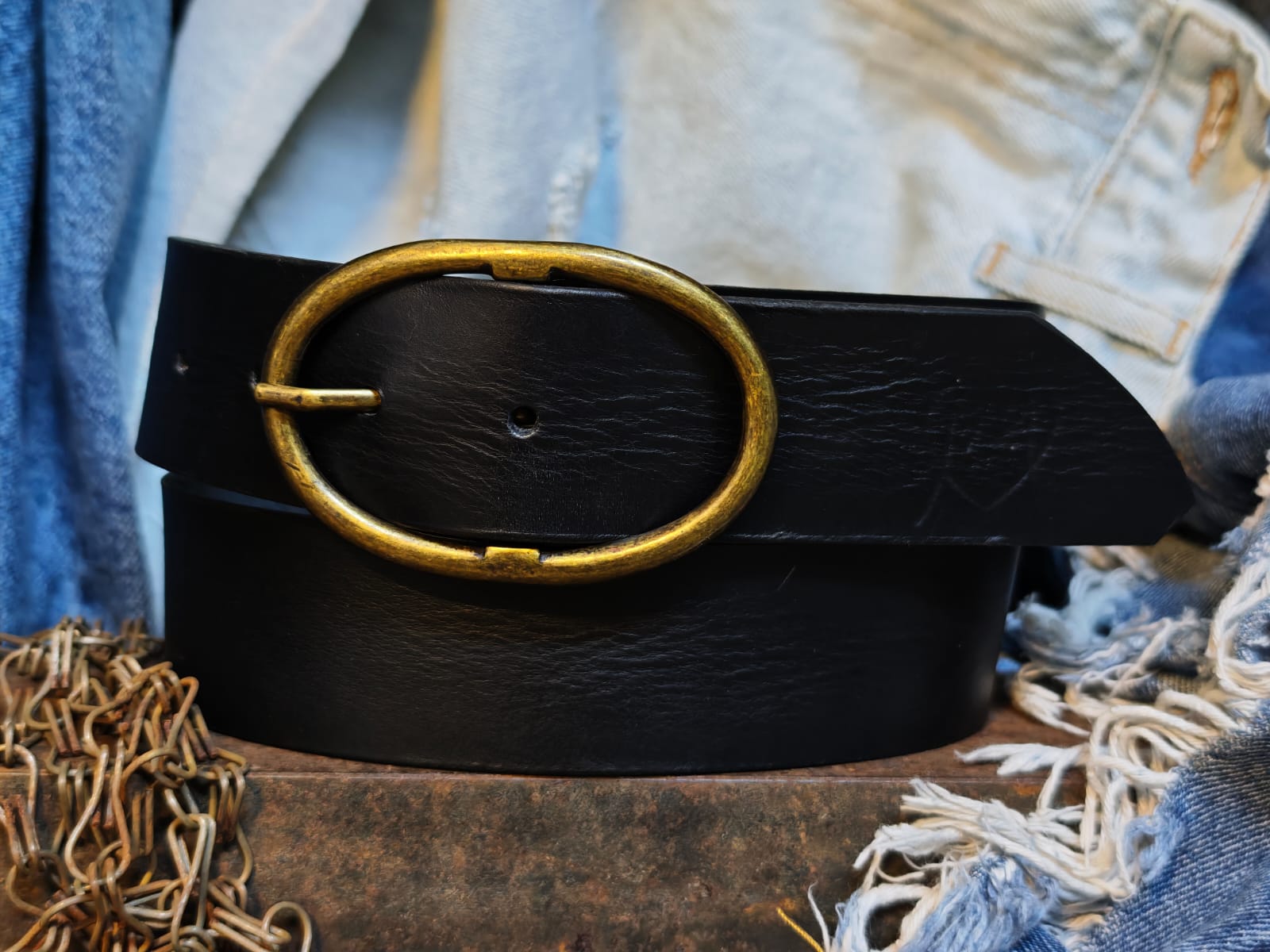 Handcrafted Black Leather Belt for Women with Vintage Oval Brass Buckle – Full Grain Premium Belt