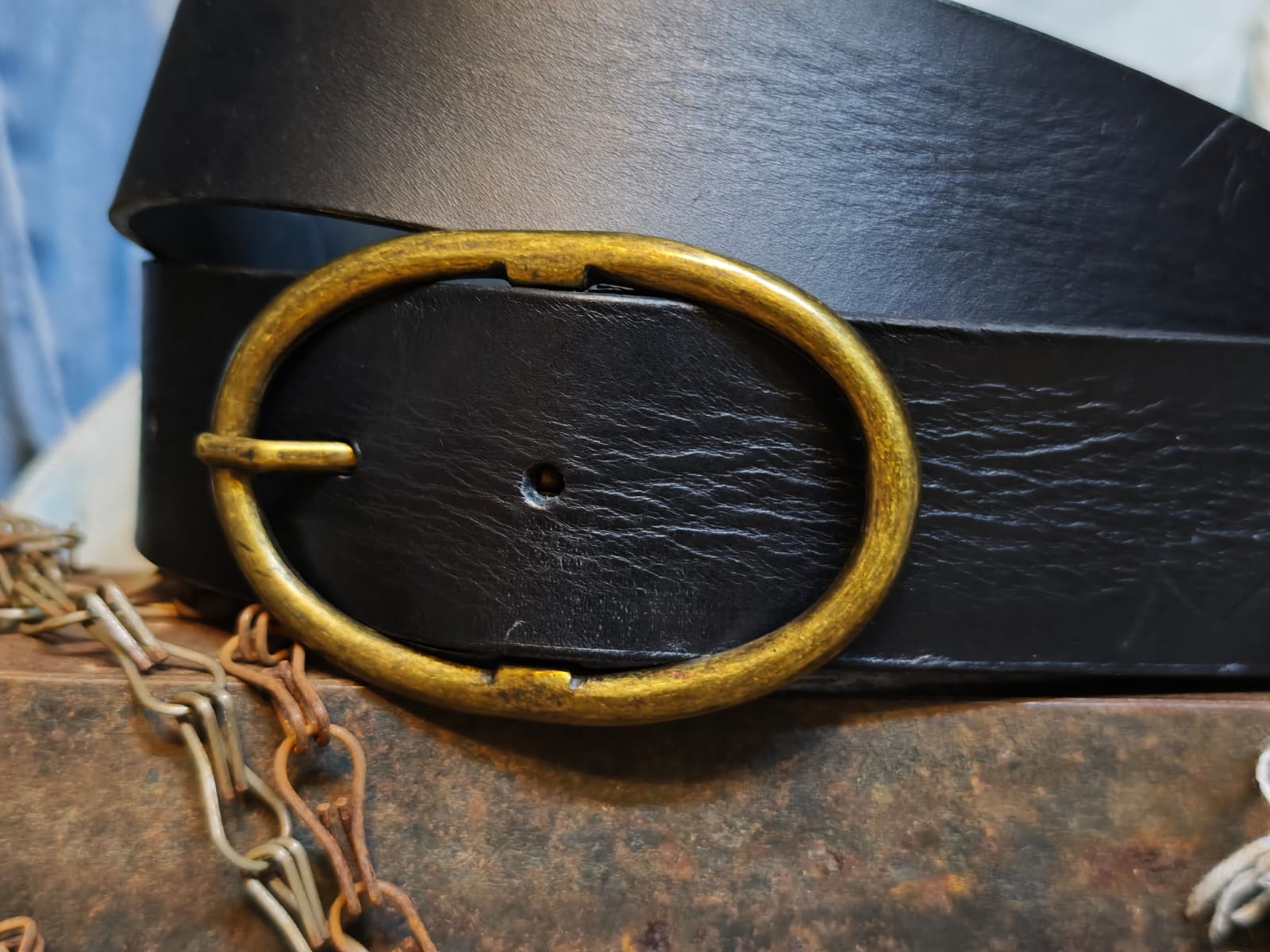 Handcrafted Black Leather Belt for Women with Vintage Oval Brass Buckle – Full Grain Premium Belt