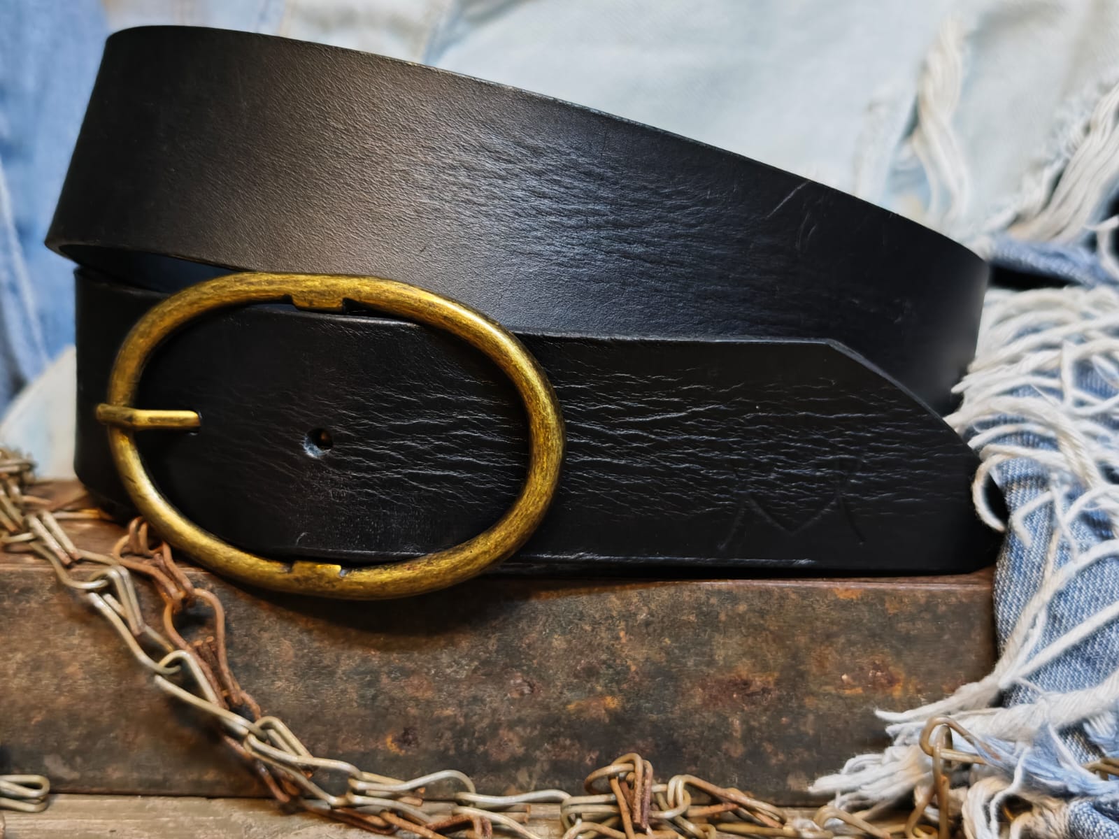 Handcrafted Black Leather Belt for Women with Vintage Oval Brass Buckle – Full Grain Premium Belt