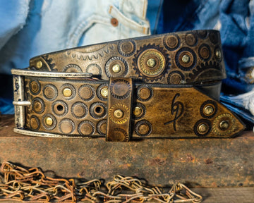 Ishaor Dark brown men's belt embossed with motorcycle gears, vintage finish and rivets, Unique design steampunk belt with silver Concho's for biker