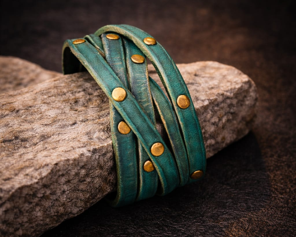 Handmade Turquoise Leather Bracelet with greenWash and touch of gold decorate with Elegant Gold pieces