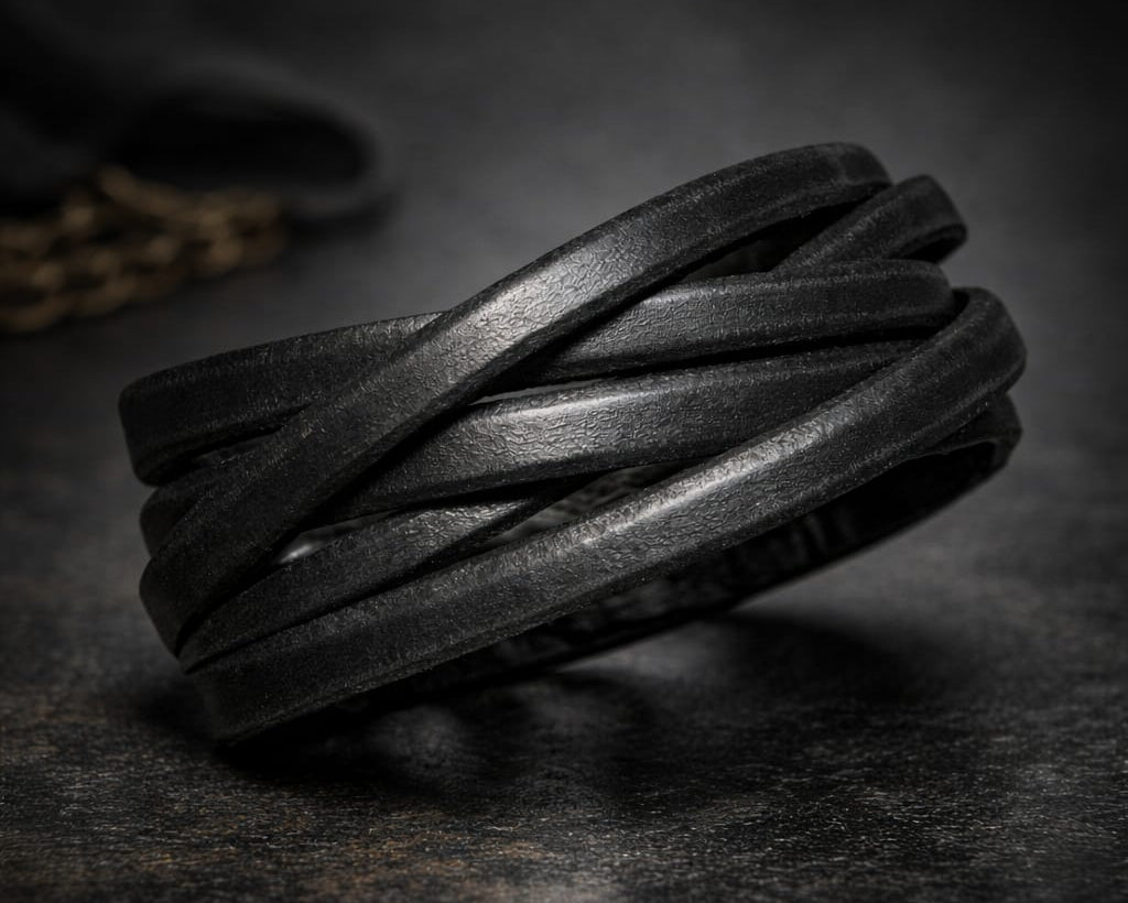 Handcrafted Black Leather Wrap Cuff Bracelet – Rustic Men’s Statement Piece with Brass Studs
