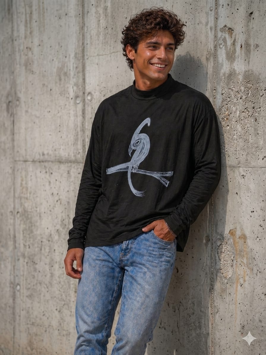 Black Long Sleeve Tee - Original Print by ISHAOR 100% Cotton ,Half-Turtle Neck Tee. stylish shirt to wear with jeans with ishaor bird print
