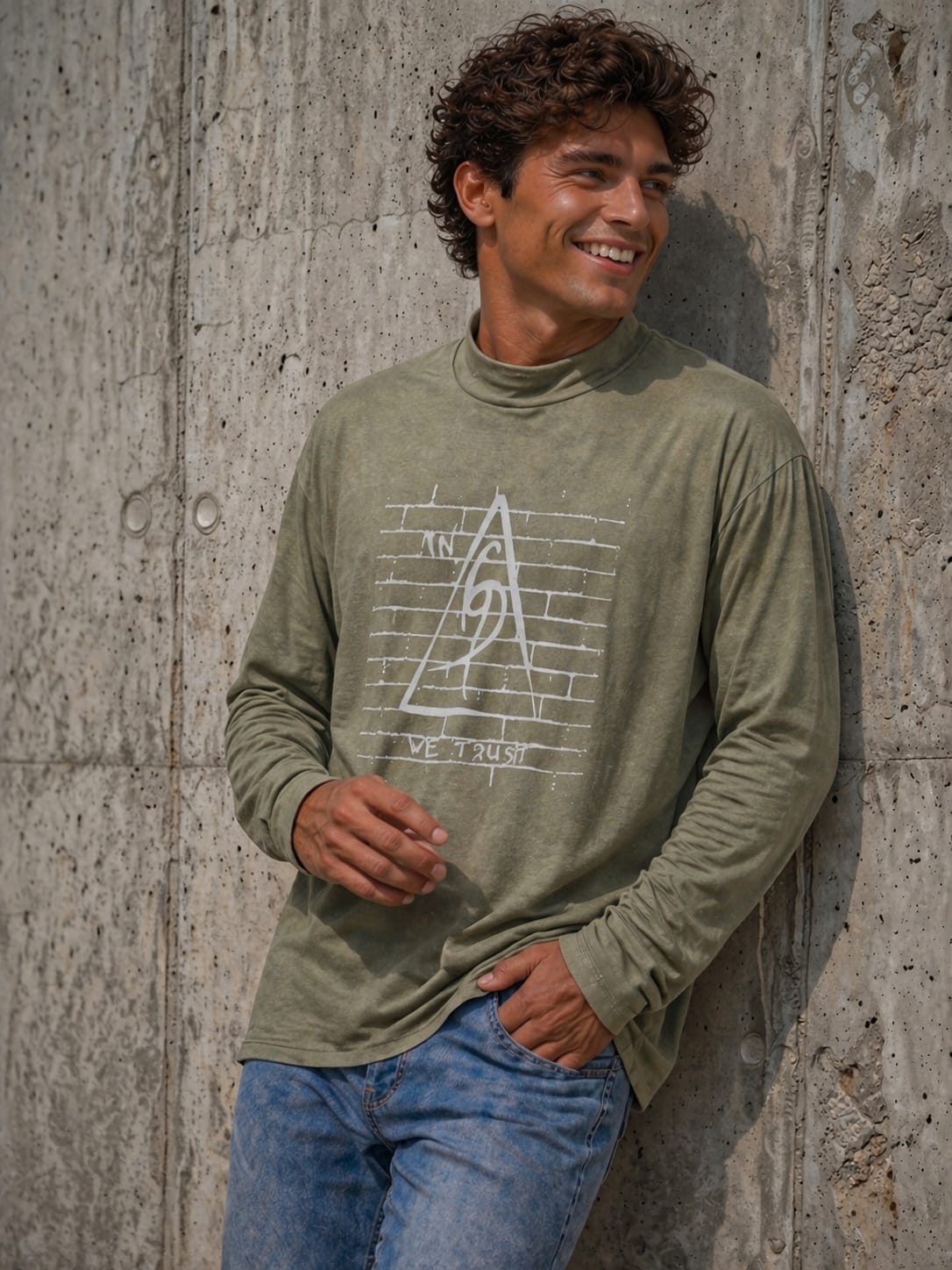 Olive Green Long Sleeve Tee - Original Print by ISHAOR 100% Cotton ,Half-Turtle Neck Tee. stylish shirt to wear with jeans