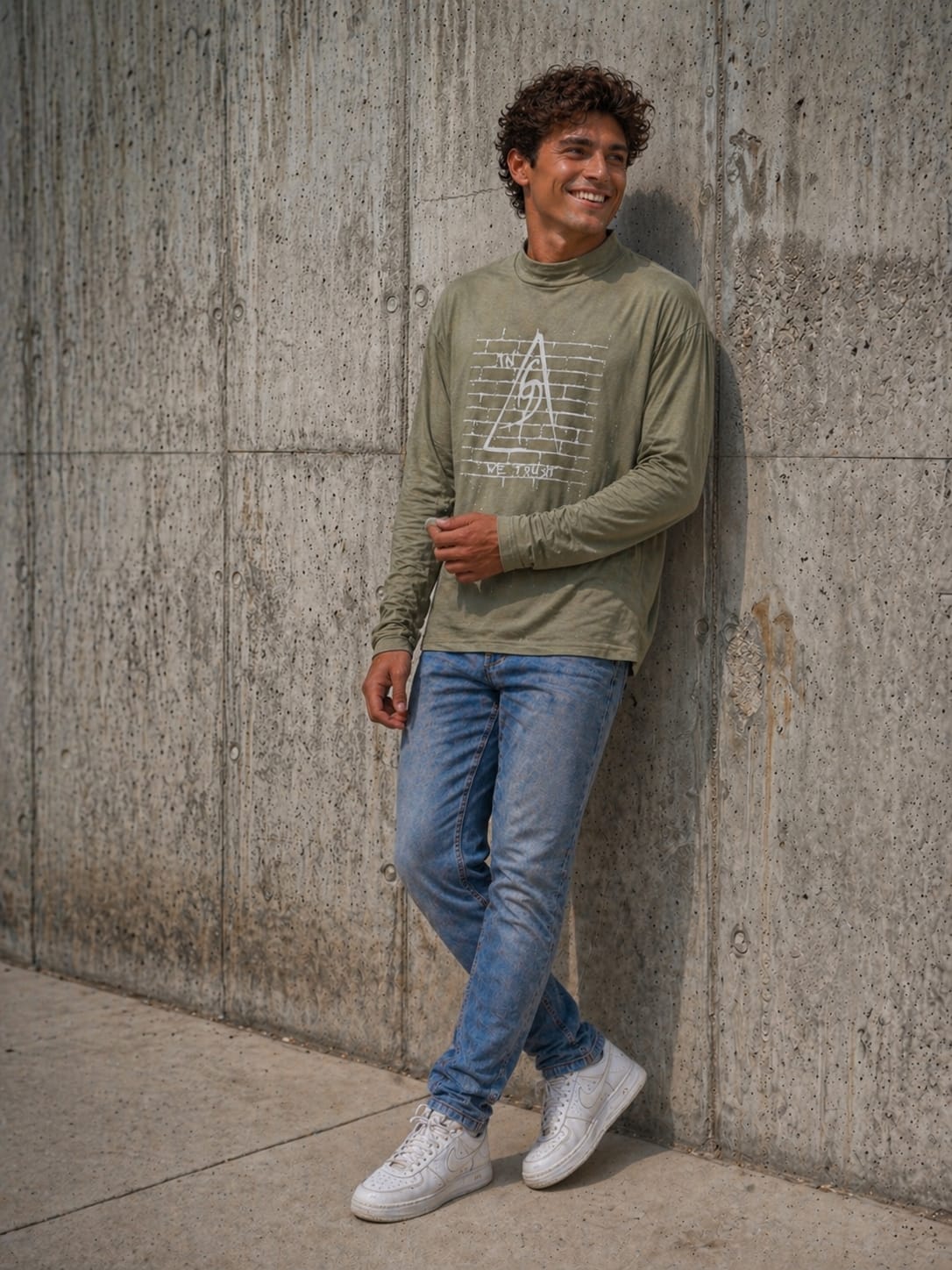 Olive Green Long Sleeve Tee - Original Print by ISHAOR 100% Cotton ,Half-Turtle Neck Tee. stylish shirt to wear with jeans