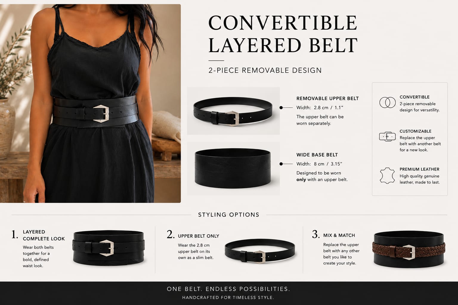 Convertible Layered Leather Waist Belt Customizable Gift for Her