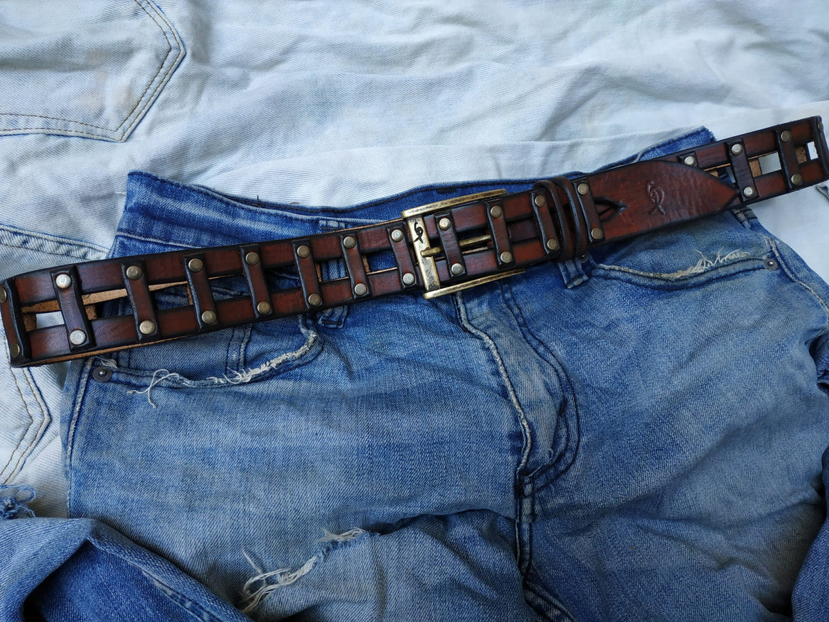 Handcrafted Woven Brown Full-Grain Leather Belt for Men