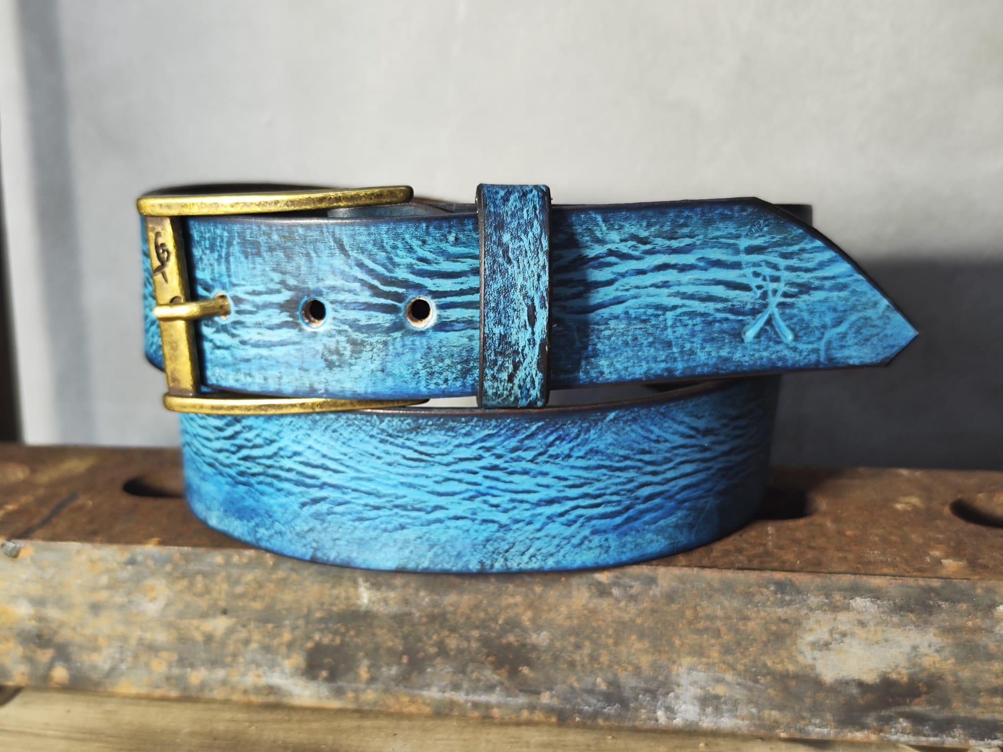 Ishaor Turquoise Color leather Belt with Blue and Black wash - Stylish Durable and Customized
