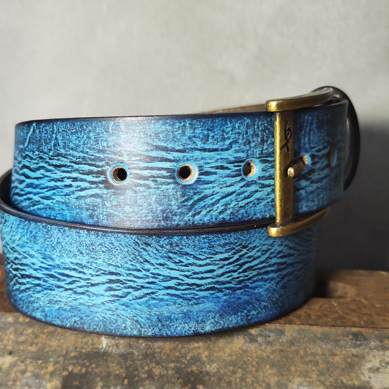 Ishaor Turquoise Color leather Belt with Blue and Black wash - Stylish Durable and Customized