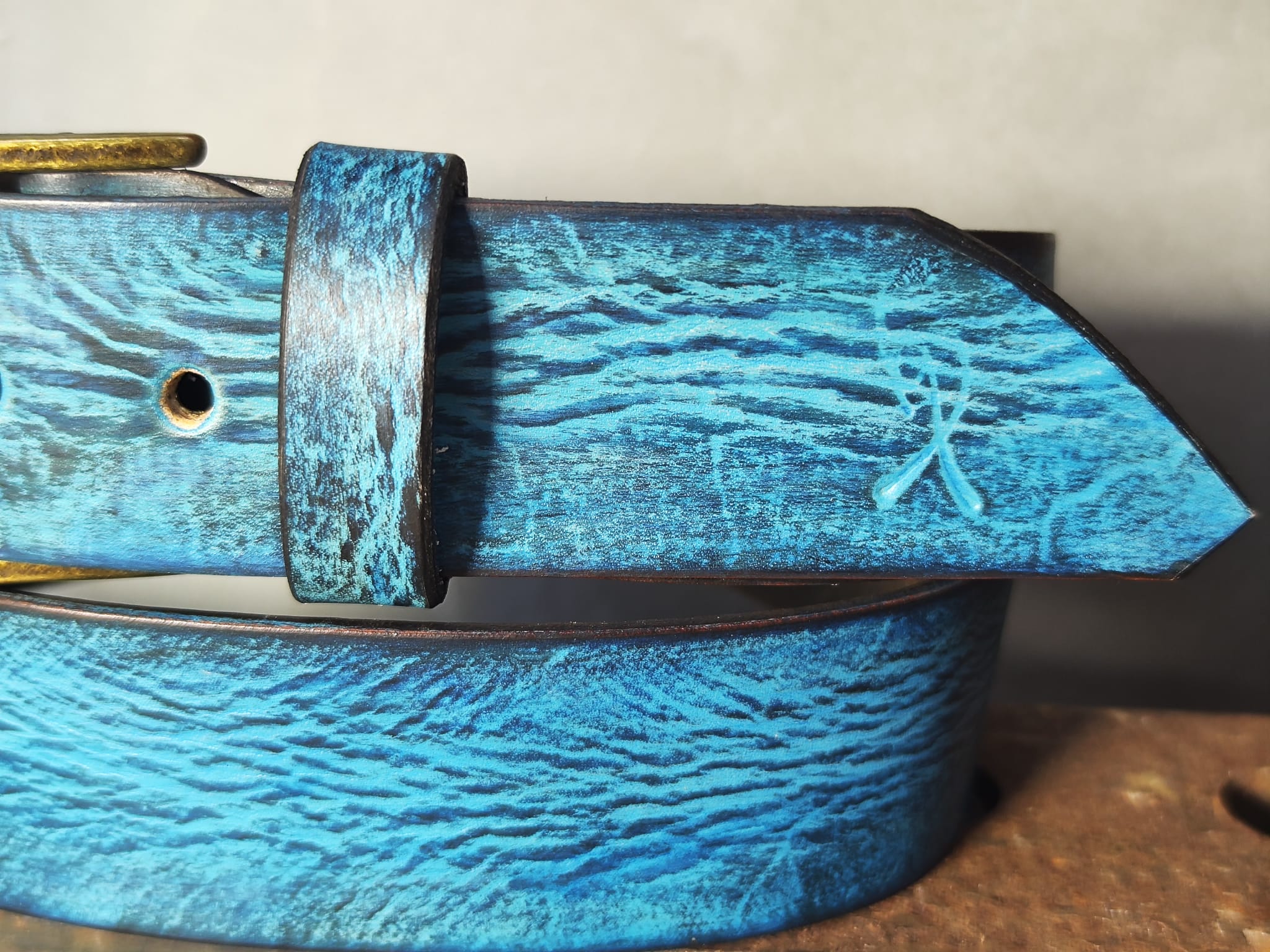 Ishaor Turquoise Color leather Belt with Blue and Black wash - Stylish Durable and Customized