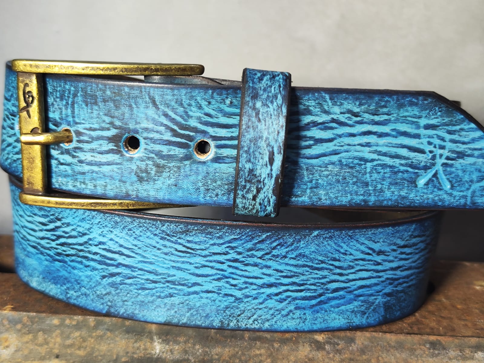 Ishaor Turquoise Color leather Belt with Blue and Black wash - Stylish Durable and Customized